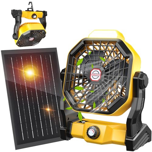 JINLICTE 10400mAh Solar Fan with LED Lantern, Camping Fan with 7W Solar Panel, Rechargeable Solar Powered for Outside, Quiet Battery Operated Tent for Picnic, Barbecue, Fishing, Travel