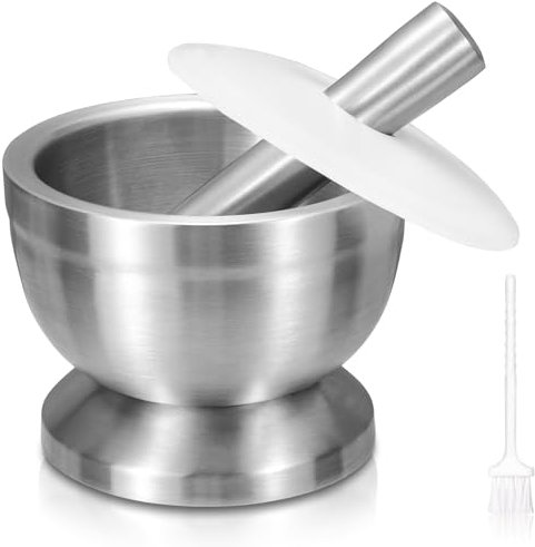 Sopito Mortier avec Pilon, 380 ml, Grand Mortier et Pilon en Acier Inoxydable avec Couvercle, Brosse, Fond Antidérapant pour Moudre des Herbes, des Épices, des Pilules, 11,7 cm de Diamètre
