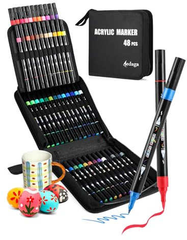 AEDAGA 48 Couleurs Feutres Acrylique, Double Pointe Marqueur Acrylique (Pinceau & Fine) pour Adultes et Enfants, Acrylic Marker pour Œufs, Bois, Pierre, Toile, Plastique, Verre, Céramique