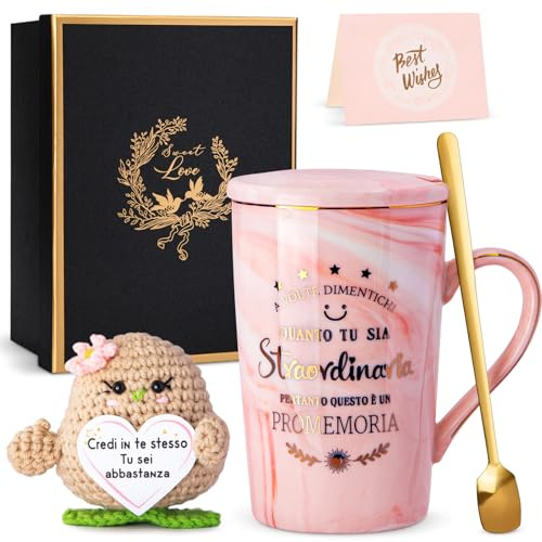 Regalo Donna Compleanno, Bambola di Patata Positiva Motivazionale, Tazza Ceramica da 400ml Marmo Rosa Stampa Dorata, Portafortuna Gadget Scrivania Carino, San Valentino Regali per Lei, Scatola Regalo