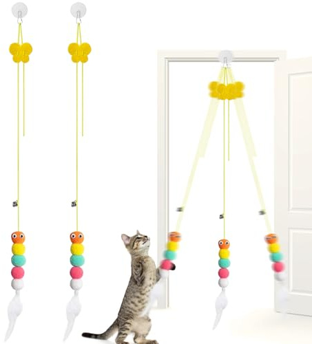 WOLMIK 2 Pack Door Hanging Cat Toys, Interactive Cat Toy for Indoor, Self-Employment Hanging Door Frame, Cats Toy with Bell and Feathers Teaser for Kittens Chase