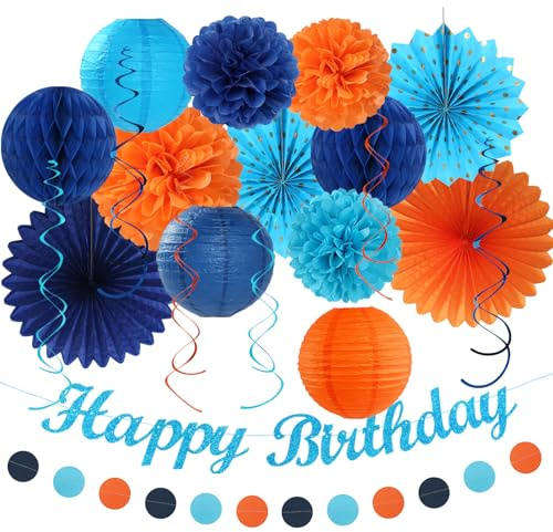 Decorazioni di compleanno per uomini arancioni e blu – 21 ghirlande di banner felici, lanterne di carta filanti blu, pompon in tessuto floreale forniture per ventole, sfondo da parete da appendere