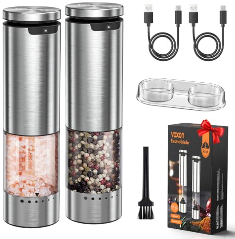 VOXON Electric Salt and Pepper Grinder Set, Rechargeable Stainless Steel Pepper Grinder with Durable Metal Container, One-Hand Operation, 6 Grind Settings & LED Light, Gift Sets