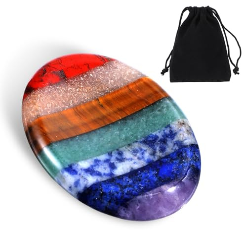Hecila - Piedra de cristal para el pulgar, 7 cristales de chakra, piedra de bolsillo natural pulida, piedra preciosa Reiki tallada, accesorio de meditación para equilibrar los chakras de energía