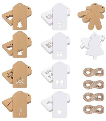 woric 200 Pcs Christmas Tags Kraft, 10 Styles Gift Tags for Presents Christmas with 40m Twine Xmas Labels for Gift Wrapping Xmas Tree Decoration Bottles