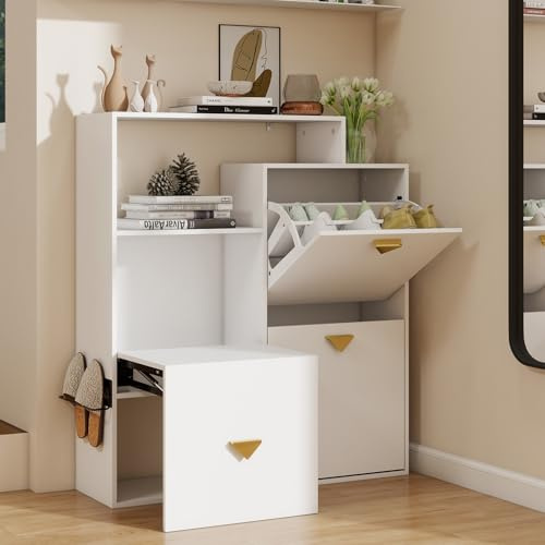 YOURLITE Meuble à Chaussures Entree, avec 2 Portes et Banc Chaussures, Meuble à Chaussures Étroit, Séparateur Réglable, pour Entrée, Couloir, Séjour, Blanc, 89.5x25x100