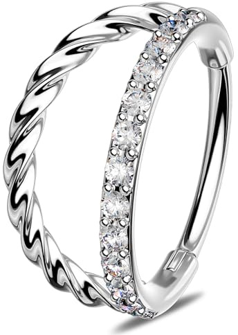 OUFER Double Hoop Nose Ring, 20G 7mm Silver Twist CZ Double Hoop Nose Ring Surgical Steel Nose Rings for Women, Sparkly Nose Rings Hoops for Elegant Xmas Nostril Piercing Jewelry