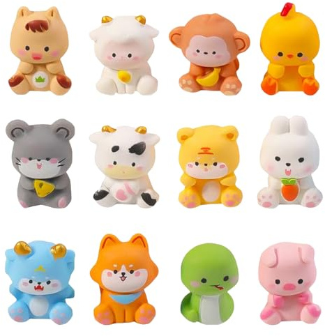 Toyhood 12pcs Mini Resin Animals Set, 12 Styles Tiny Animals Figures, Rat, Cow, Tiger, Rabbit, Dragon, Snake, Horse, Sheep, Monkey, Chicken, Dog, Pig, for Fairy Garde Miniature Landscape Dollhouse