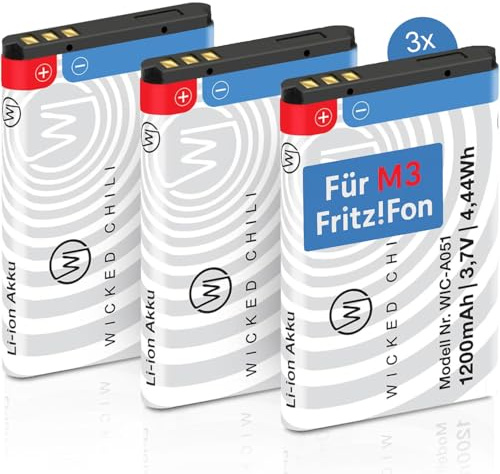 Wicked Chili 3X Akku für AVM Fritz!Fon M3, Ersatzakku mit +20% Kapazität, Ersatzakku für Fritzfon VOIP Telefon, Zubehör für original Fritz Fon Batterie BT239865 Mod. 523450AR1000 (1200mAh Li-Ion)