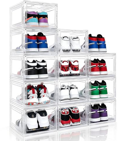 BVBOX Acrylic Shoe Storage Boxes with Magnetic Door - 360° Clear Stackable Shoe Display Box Set, Plastic Shoe Cabinet Rack Box for Sneakers Heels Shoes (12, Clear, L - Front Open)