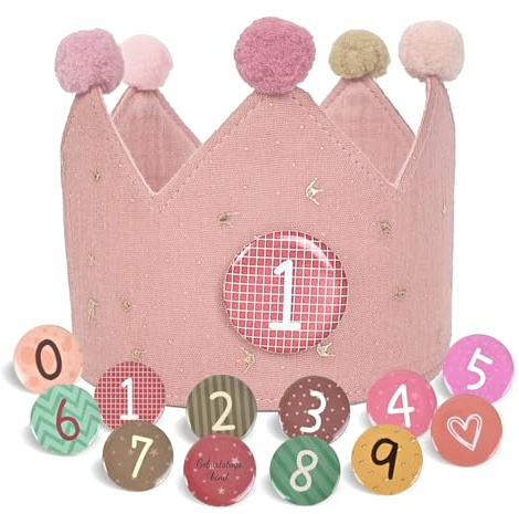 Hukermoon Corona di compleanno per bambini, in tessuto regolabile, corona di compleanno, mussola con numeri intercambiabili da 0 a 9, corona di compleanno, unisex, per feste di compleanno dei bambini