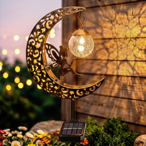Daknswte Solar Lights Outdoor Garden Ornaments Waterproof Moon Fairy Lamp | Solar Power, with LED Crackle Glass Ball, for Patio Pathway Lawn Decor, Garden Gifts for Women Mum Grandma, Metal Stake