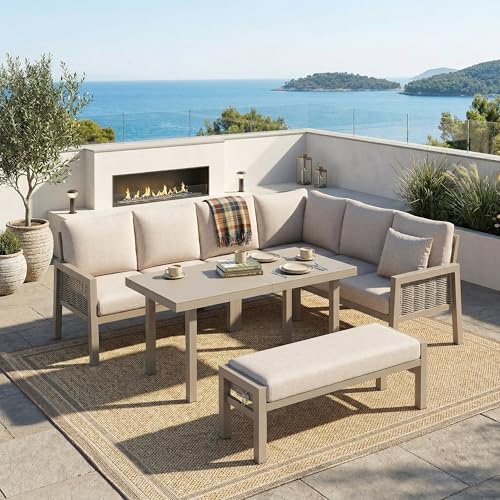 Huayz Juego de muebles de jardín para 8 personas, juego de comedor de jardín con salón de esquina y banco, sofá esquinero de 6 plazas con mesa de cristal de 140 x 70 cm, trenzado de polietileno