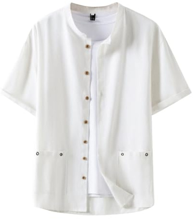 Camisa de Lino Hombre Manga Corta Verano Camisa Casual Hombre Cuello Mao Ligera Transpirable Camisa Oriental Abotonada Corte Holgado Estilo Japonés para Playa y Tiempo Libre