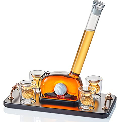 CRAFTGEN Golf Whiskey Decanter Set with 4 Golf Ball Shot Glasses, Unique Golf Gifts for Men Women, 750ml Golf Themed Liquor Dispenser, Golf Club Drink Dispenser for Bourbon, Scotch, Vodka, Tequila