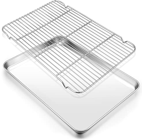 Large Baking Sheet with Rack Set, E-far 20”x14” Stainless Steel Cookie Sheet Pan for Oven Cooking Roasting, Rimmed Metal Tray with Wire Cooling Rack for Bacon Meat Steak - Dishwasher Safe