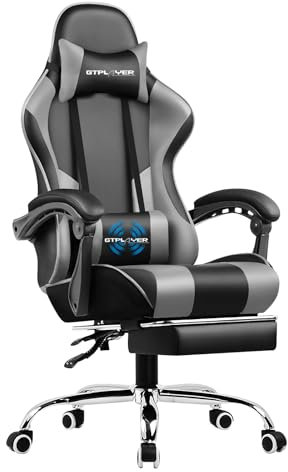 GTPLAYER Chaise Gaming Ergonomique, Fauteuil Gamer, Chaise Bureau, Chaise de Gaming, avec Dossier réglable à 135°, Hauteur Réglablerepose-Pieds rétractables, Siege, Simili Cuir Gris