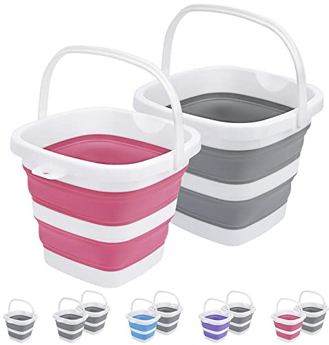 2-pack hopfällbara hinkar 5 L 1,3 gallon liten rengöringshink för hushåll bärbar plasthink utomhus bil tvätt badkar vikbar camping strand sandvatten kruka hink platsbesparande fyrkantig grå och rosa