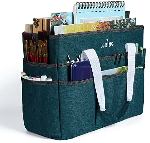 JJRING Craft Organizer Tote Bag, Large Art Storage Caddy with Multiple Pockets, Bluish Green Sewing Bag for Art, Craft, Scrapbooking, School, Medical, and Office Supplies Storage
