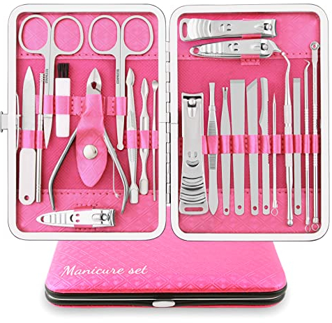 Tagliaunghie Set Professionale Grooming Kit Strumenti per Manicure e Pedicure 23pcs con Lussuosa Custodia da Viaggio in Pelle (Rosa/D'argento)