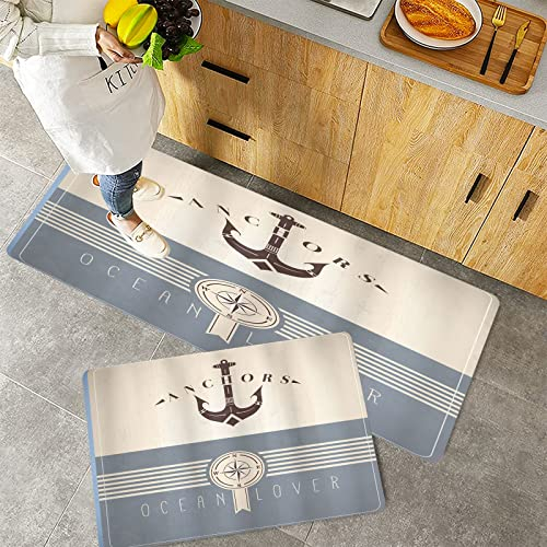 Küchenteppich Teppich Läufer Küchenläufer 2 Stück,Vintager Marinenautischentwurf für Ozean-Liebhaber-Anker-Kompass und Streifen-Schiefer-Blau,Rutschfest waschbar für Flur Küche 40x60 cm+40x120 cm