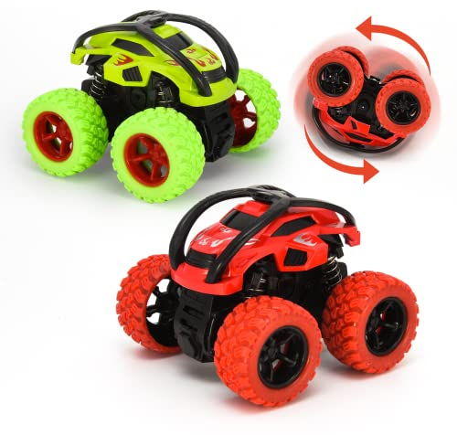 VoMii 2 Stück Monster Truck, Spielzeugauto für Kinder ab 3-10 Jahre, Große Gummiräder 4x4 Power Trägheitsbetriebene Fahrzeuge, 360° Stunt-Rotation, Rennwagen Spielsets für Kinder, 1:64 Scale