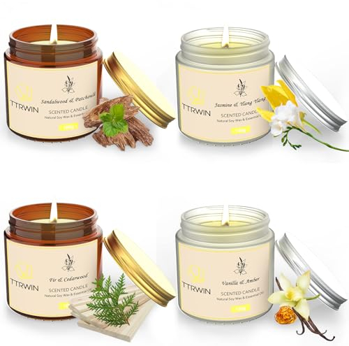 TTRWIN Scented Candles Gift Set, 4 Pack Natural Soy Candles: Jasmine & Ylang Ylang, Sandalwood & Patchouli, Fir & Cedarwood, Vanilla & Amber, Aromatherapy Gift for Christmas Birthday