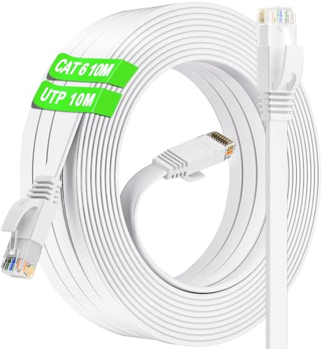 Cable de Red 10m, Cable Ethernet 10 metros Cat 6 Alta Velocidad, Plano Blanco RJ45 Cable Internet 10/100/1000Mbps 250MHz, Gigabit Interior UTP Cable LAN Patch para Rúter Switch Módem PC (10 Clips)