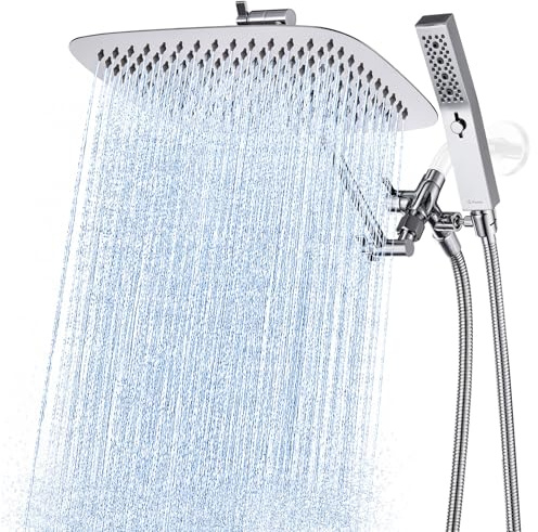 G-Promise Cabezal de ducha cuadrado doble de metal de 12 pulgadas con rociador de mano, cabezal de ducha de lluvia, brazo de extensión ajustable, desviador de 3 vías, manguera extra larga de 71
