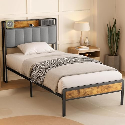 Bealife Bettgestell mit Metalllattenrost, Einzelbett mit Leinenbezug, Bett mit gepolstertem Kopfteil und Stauraum (Hellgrau, 90×200cm)