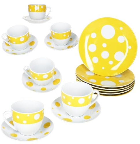 MamboCat Pula Yellow Service à café 18 pièces - Vaisselle en porcelaine blanche à pois pour 6 personnes - 6 tasses de 200 ml - 6 soucoupes et 6 assiettes pour petit-déjeuner et café