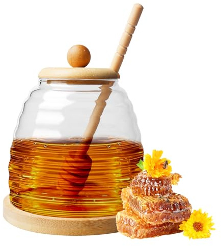 LEKEFETO Tarro de miel con cuchara de miel y tapa de madera: 500 ml, dispensador de miel de cristal, tarro transparente de boca ancha, recipiente para miel para almacenar miel, jarabe