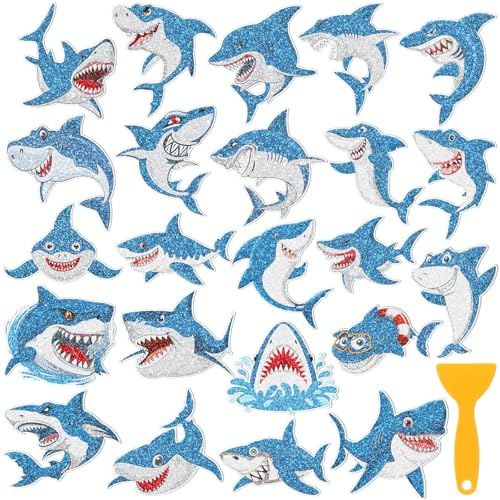 Yaomiao 24 Pcs Shark Non Slip Bathtub Stickers Sea Creature Anti Slip Shower Stickers Ocean Decal Threads Adhesive Appliques with Scraper Adhesive Decals for Safety Bathroom Tubs Shower Floor Stairs
