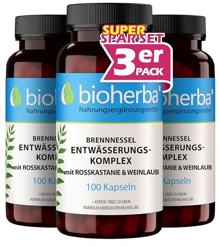 300 Brennesselkapseln Entwässerungs Komplex mit Brennnessel Rosskastanienextrakt und Weinlaub ohne chemische starke Entwässerungstabletten wie Wassertabletten von BIOHERBA