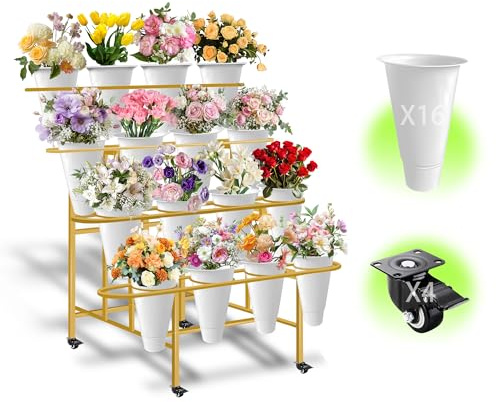 Yuxitia Flower Display Stand with 16 PCS Buckets,4-Layers Cart Display Stand with Wheels, Sturdy Moving Florist Bouquet Shelf for Patio Garden Flower Shop, with Lockable Swivel Wheels (Gold)