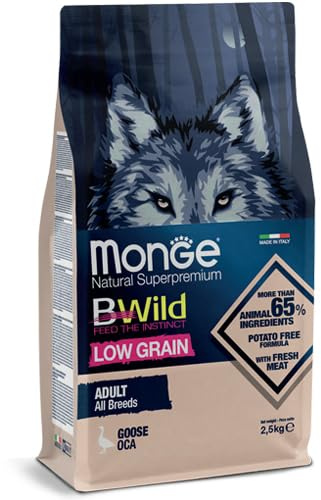 Monge Bwild Low Grain All Breeds Chien Adult Oie Aliment sec complet pour chiens adultes de toutes tailles, lot de 2,5 kg.