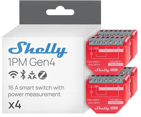 Shelly 1PM Gen4 – WLAN Smart reläbrytare, strömmätare, 1 kanal, 16A, ljusströmbrytare, uppvärmning, Smart Home, timer, Alexa & Google, Matter, ingen hubb krävs (4 stycken)