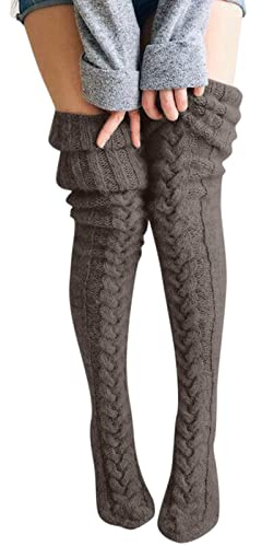 Generisch Calcetines de algodón para hombre y mujer, calcetines de punto para la pierna, muslo, calentadores largos, rodillas, patrón trenzado, calcetines sobre calcetines adicionales, medias negras