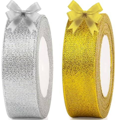 2 Rolls Gold Silver Glitter Metallic Grosgrain Ribbon, Total 44M Gift Wrapping Ribbons for Christmas Birthday Easter Wedding Craft DIY Bow Making
