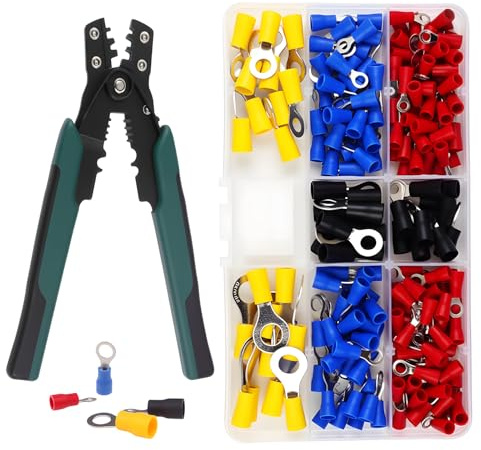 Set de pinces à sertir avec fonction de cliquet, pince à sertir professionnelle pour connecteurs isolés de 0,5–6 mm², 200 pièces de cosses de câble en 8 modèles, pince à câble ergonomique pour travaux