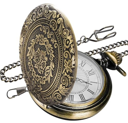 QEEROYO Vintage Taschenuhr, Vintage Taschenuhr mit Kette, Retro Quarz Mit Kette für Männer Frauen Vater Opa Geburtstag Jahrestag, Vintage Skulptur Stil