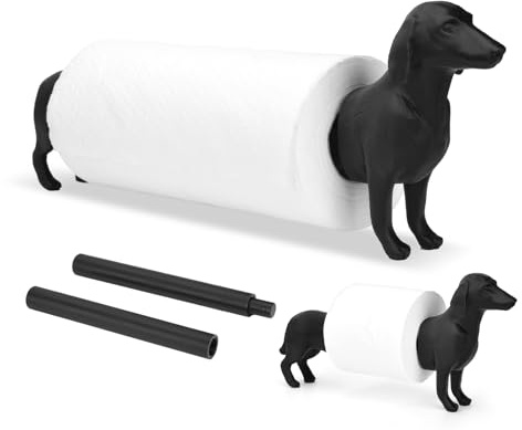 ATOMUS Avtagbar svart stående rullhållare och pappersrullhållare för kökshanddukar toalettpapper svart 3D-tryck stor korv hund tyg display stativ kök bänkskiva dekoration