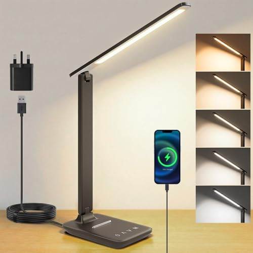 UPXNBOR LED Desk Lamp, Eye-Caring Table Lamp for Reading & Home Office | Dimmable Bedside Lamp With USB-A Charging Port, 5 Colour Modes & 5 Brightness Levels, Touch Control & Foldable Design, Black