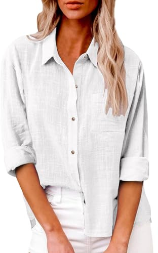 Générique Chemise Lin Femme Manches Longues Chemisier Coton et Lin pour Femmes Col en V Bouton Tops Couleur Unie Respirant T-Shirts Chemisiers et Blouses Grande Taille
