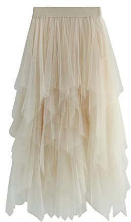 SotRong tutu/tyllkjol för kvinnor med elastisk hög midja, lager, nät, balett, bröllopsfest, bal, midi, A-linje, veckad, vadlång kjol, G-beige, en storlek