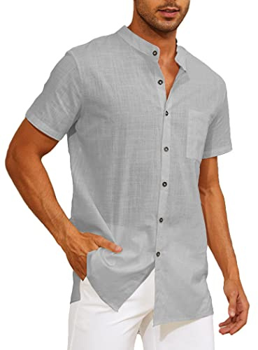 CheChury Camisa de Lino Manga Corta para Hombre - Informal de Verano, Suelta de Ocio, Color Sólido con Botones, Bolsillo - Estilo Casual Hawaiano
