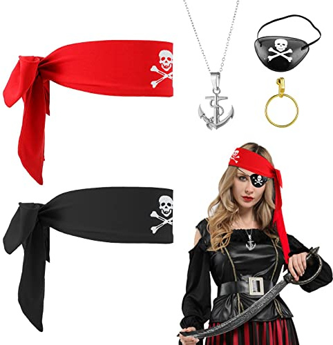 MIVAIUN 5 Pièces Costume Capitaine Pirate Accessoire, Déguisement de Pirate Enfants Accessoires Kit, Accessoires Pirate, Bandeau Pirate, Pirate Oeil Patch, pour Carnaval Halloween Fête
