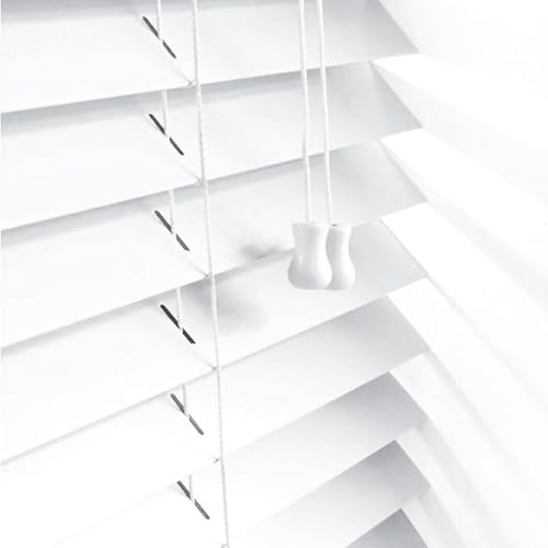 Ev Dekor Smooth Faux Wood Wooden Venetian Blinds with Strings 50mm Slats Trimmable Child Safe Easy Fit Office Home Blind Window curtains (white, 150 x 150cm)