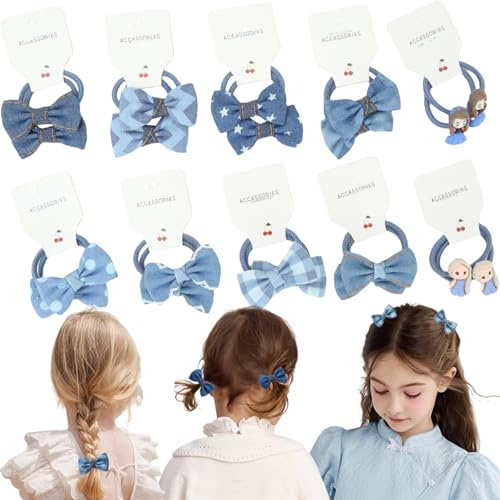 KAQILE Lot de 20 élastiques à cheveux multicolores pour bébé, avec nœud non métallique, accessoires de cheveux pour petites filles et enfants (bleu denim)