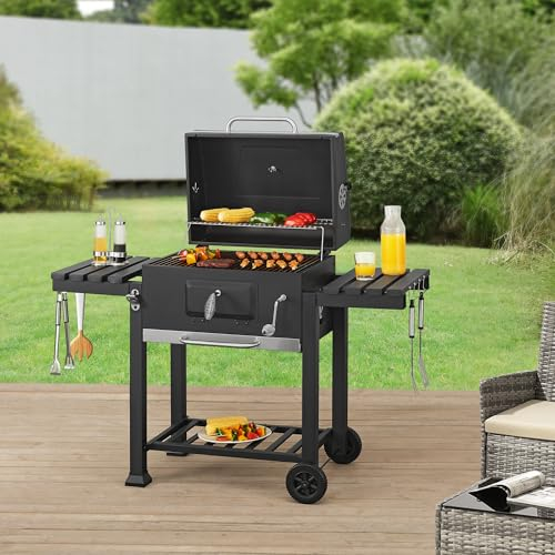 casa.pro Chariot de Barbecue au Charbon de Bois avec Grille Réglable en Hauteur Étagères Rabattables Thermomètre Ouvre-Bouteille Acier Inoxydable Plastique 105 x 135 x 48 cm Noir